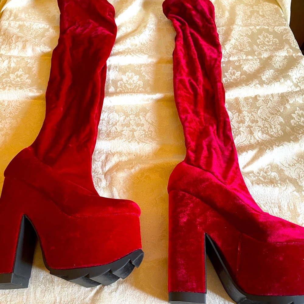 YRU Red Over the Knee Platform Boots